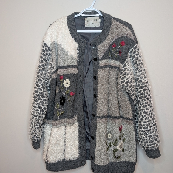 Vintage Jaguar Patchwork Knit Cardigan Floral Textured Grandma Core S / M - Picture 9 of 11